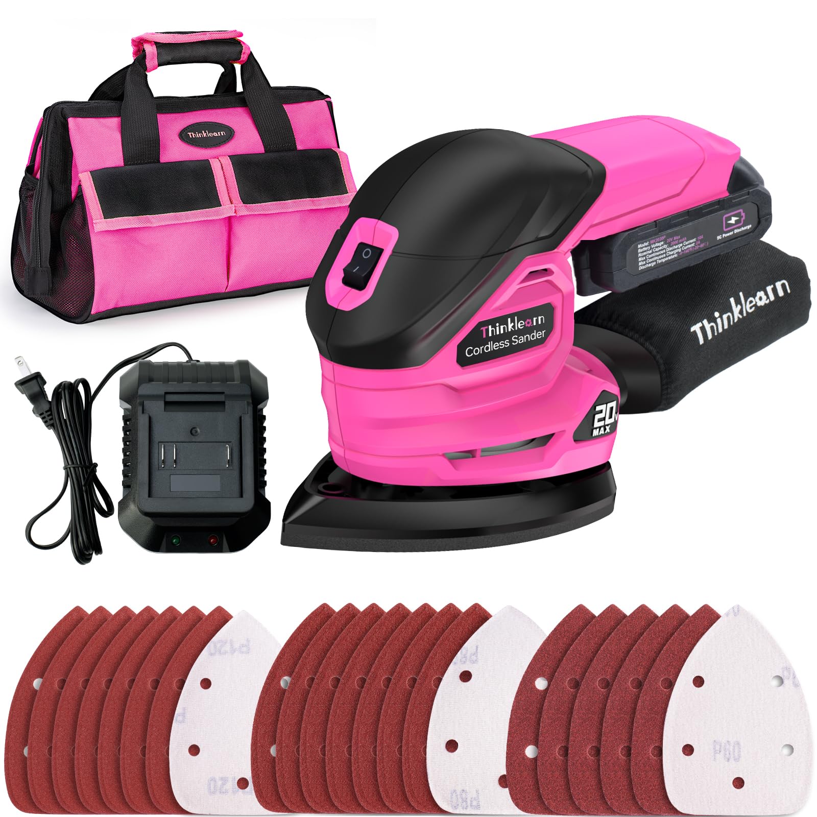 Photo 1 of Cordless Detail Sander - 20V Electric Hand Sander with 22Pcs Sandpapers, 12000 RPM Mouse Sander with Dust Bag, Compact Palm Sander Tool for Woodworking, 2.0Ah Battery and Charger Included