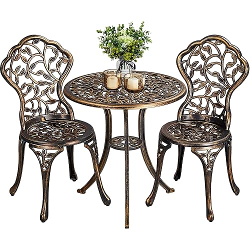 YAHEETECH 3-Piece Outdoor Bistro Set w/Leaf Design, Rust-Resistant Cast Aluminum Table and Chairs for Balcony Backyard Garden