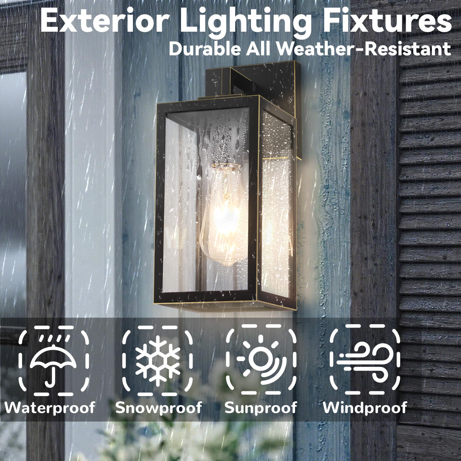 imizdlum Outdoor Wall Light Fixture, Black Exterior Lantern with Clear Tempered Glass for Front Porch, Gold Trim Design, 2-Pack, E26 Base, Lanterns for Lighting, Lights for Wall mounting