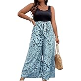 Womens Plus Size Summer Printed Jumpsuit One Piece Sleeveless Tank Top Wide Leg Long Jumpsuits with Belt