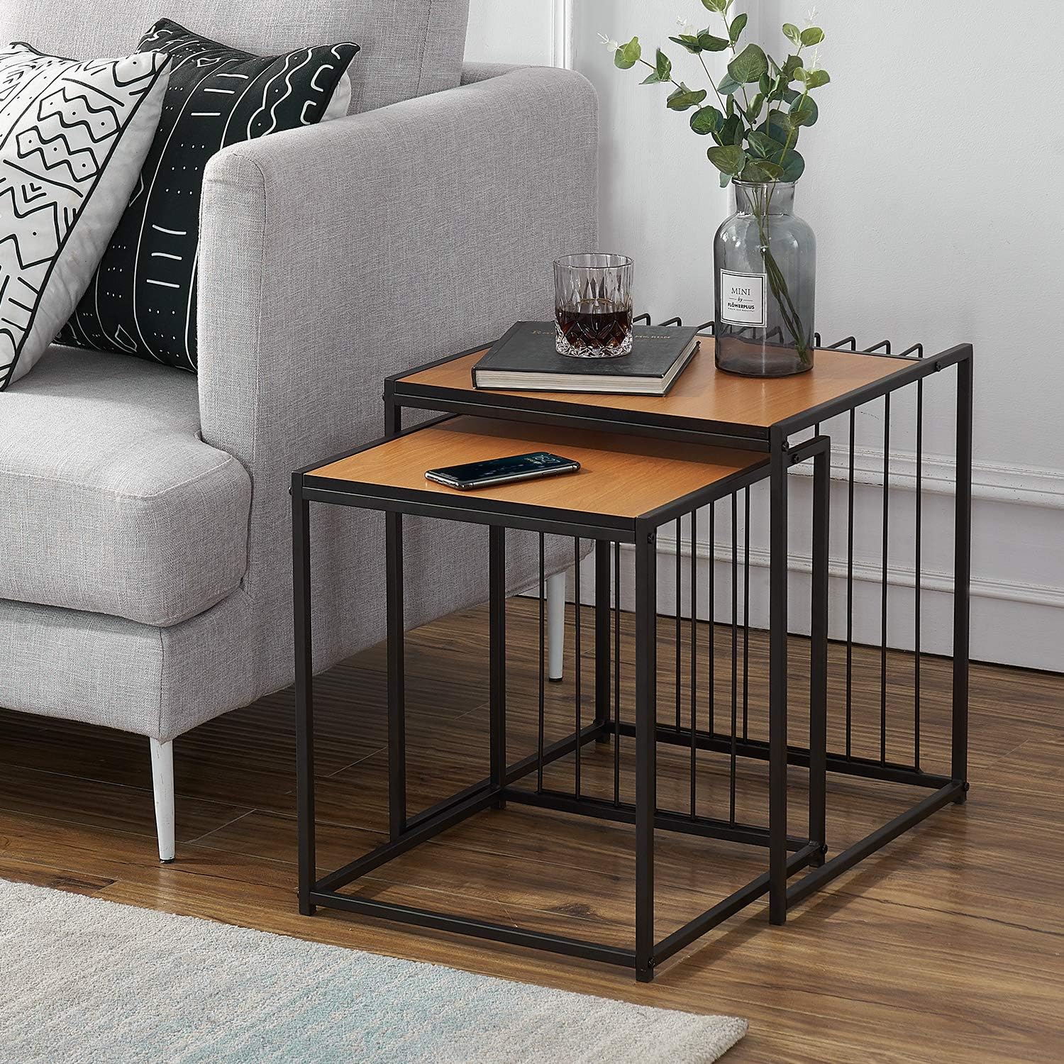 VECELO Industrial Nesting Coffee Table Set of 2,Stacking Side or End for Living Room Balcony Home and Office, Light Cheery: Furniture & Decor