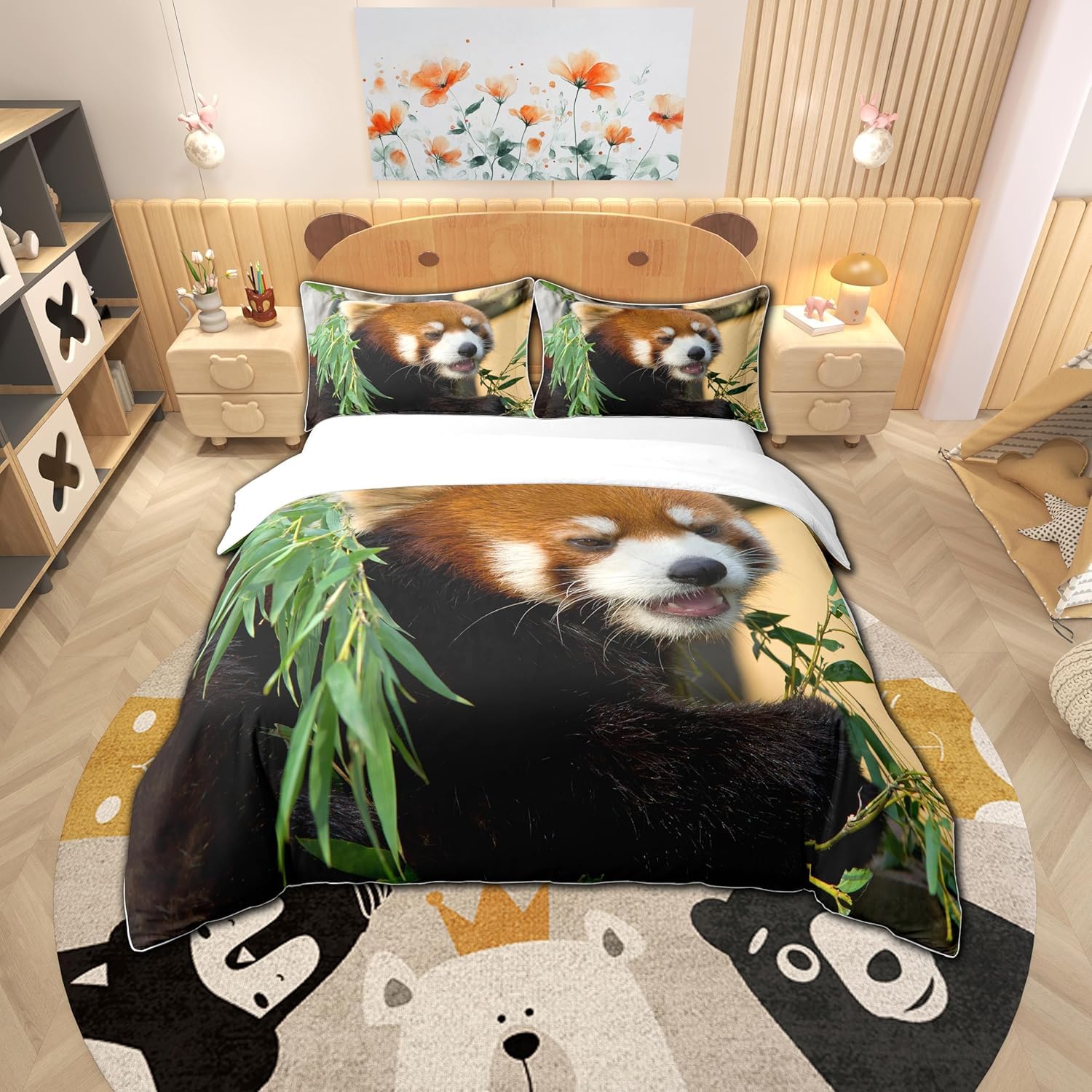 Red Panda Bedding Set Cute Animal Comforter Cover for Kids Boys Girls Teens Red Panda Leaves Duvet Cover Breathable Nature Bedding & Linen 3Pcs King Size