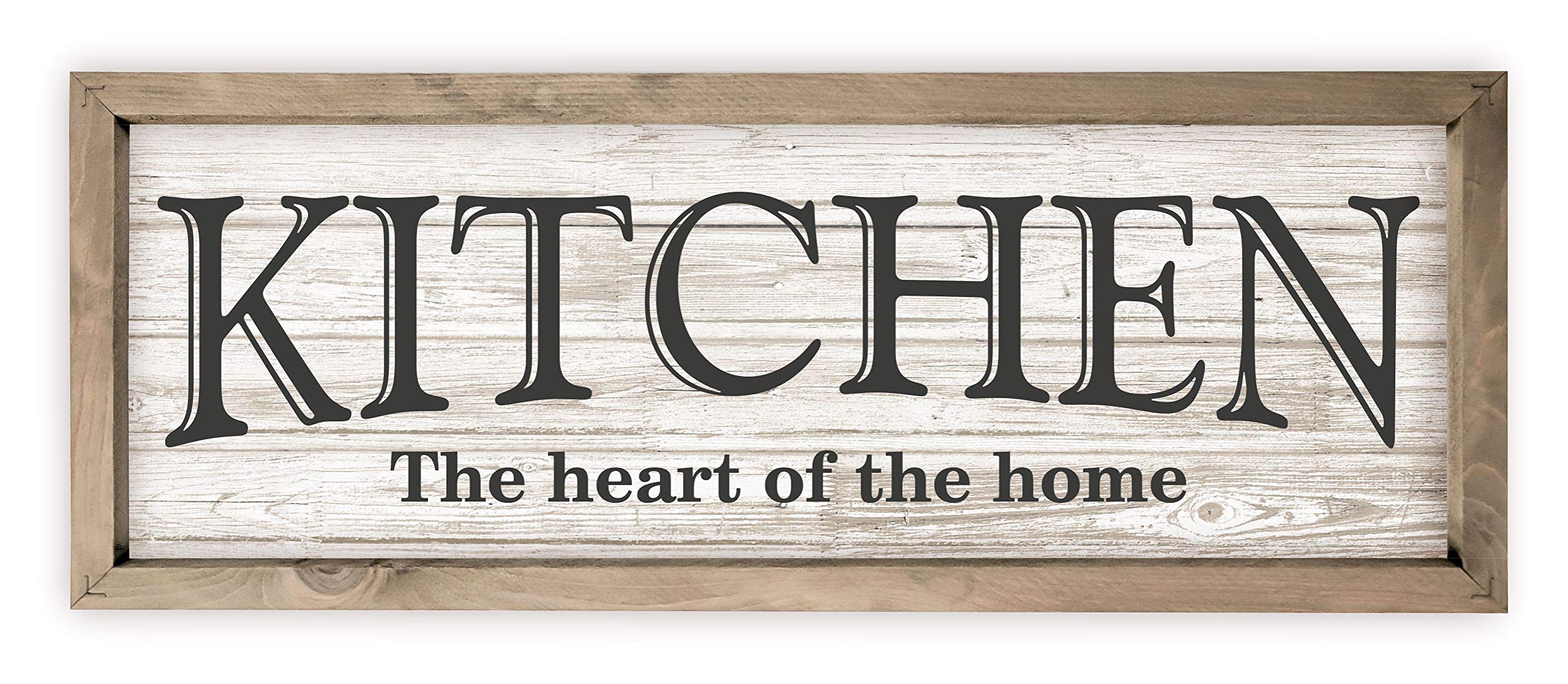 Kitchen The Heart of The Home Rustic Wood Wall Sign 7x19 (White with Frame)