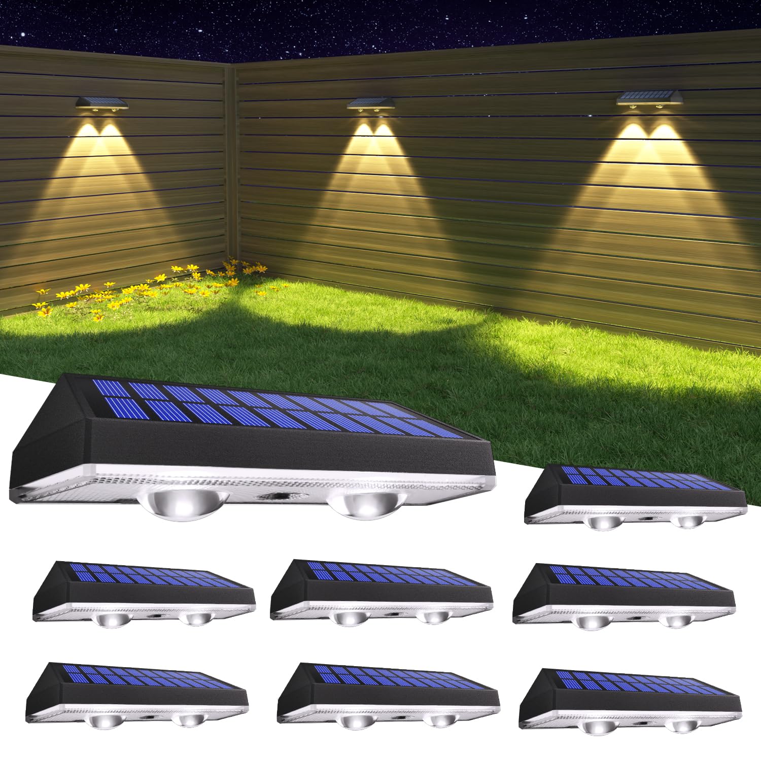 HAMLITE Solar Fence Lights Outdoor Garden: Solar Wall Lights Outdoor Waterproof - Solar Powered Garden Fence Lights 3 Color Modes for Deck Patio Decking Gate Yard Decoration 8-Pack