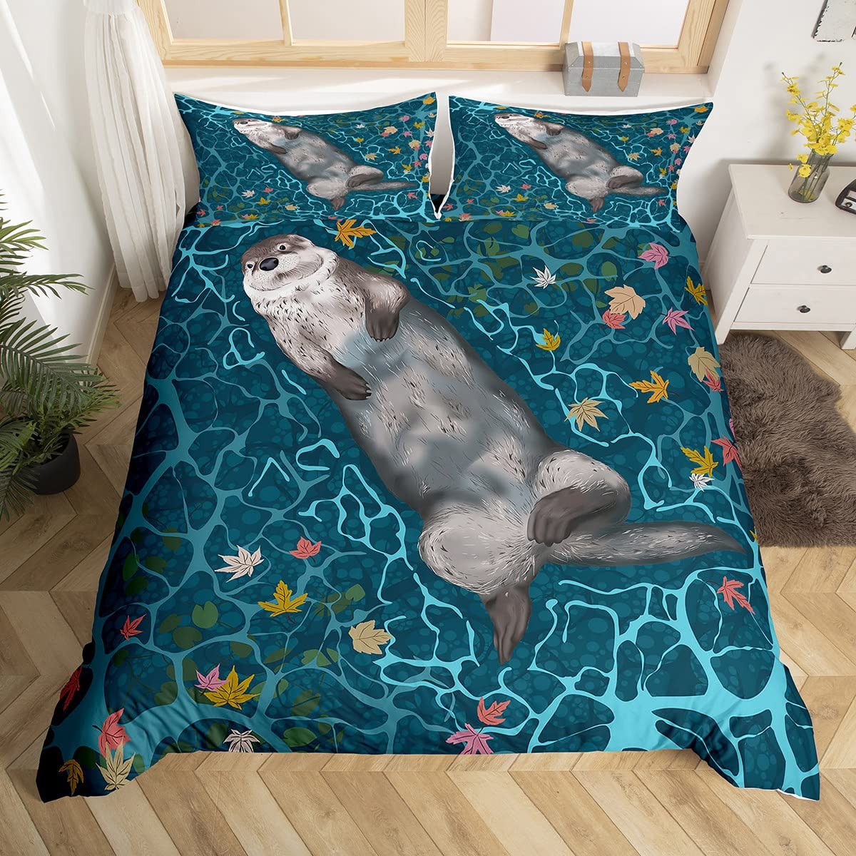 Otter Bedding Set Kids Cute Cartoon Animal Comforter Cover Set for Boys Girls Lovely Sea Otter In the Water Duvet Cover Breathable Wild Animal Bedspread Cover Quilt Cover Double Size