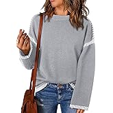 Dokotoo Sweaters for Women Fashion Solid Crewneck Loose Fit Long Sleeve Contrast Cable Knit Pullover Sweater Jumper Tops