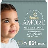 Pampers Amore, Size 6 (23-44 lbs), 108 Count, Our Best Diaper &ndash; Hypoallergenic &amp; Fragrance Free, Up to 100% Leakproof, Soft as Cashmere