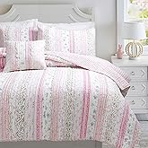 Cozy Line Home Fashions Pink Flower Lace Ruffle Stripe Shabby Chic Girl 100% Cotton Reversible Quilt Bedding Set, Coverlet, Bedspread (Pink Lace, Twin - 2 Piece: 1 Quilt + 1 Sham)