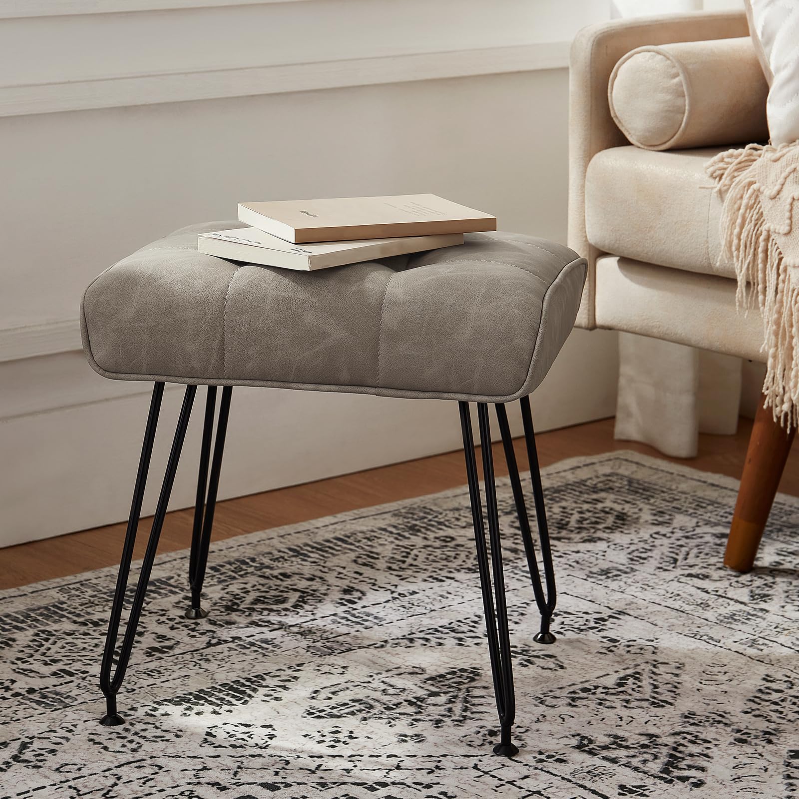 Photo 1 of EBENCHICO PU Leather Vanity Stools, Vanity Stool Chairs for Makeup Faux Leather Foot Stools Ottoman with Metal Leg Make up Chairs for Vanity Small Bench Seat for Living Room Bedroom (Gray)