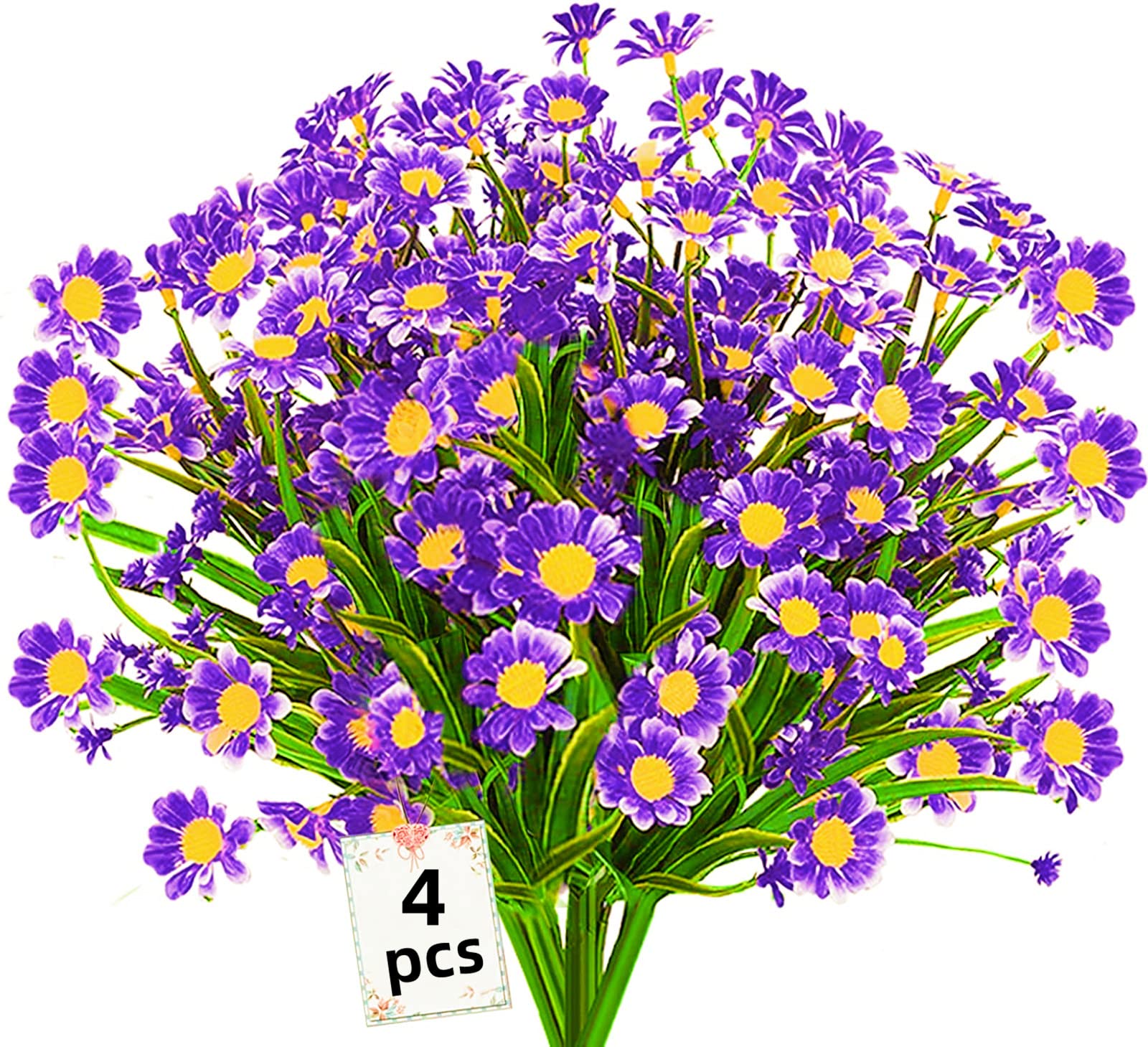 4PCS Artificial Daisy Flowers Outdoor Spring Summer Decoration UV Resistant Fake Flowers Faux Plastic Greenery Shrub Plant Indoor Outside Hanging Garden Home Porch Wedding Party Decor (Purple) — image 1