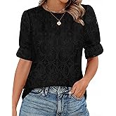 KIRUNDO Lace Tops for Women Blouses Dressy Casual Boho Eyelet Puff Short Sleeve Shirts Spring Summer Clothes Vacation Outfits