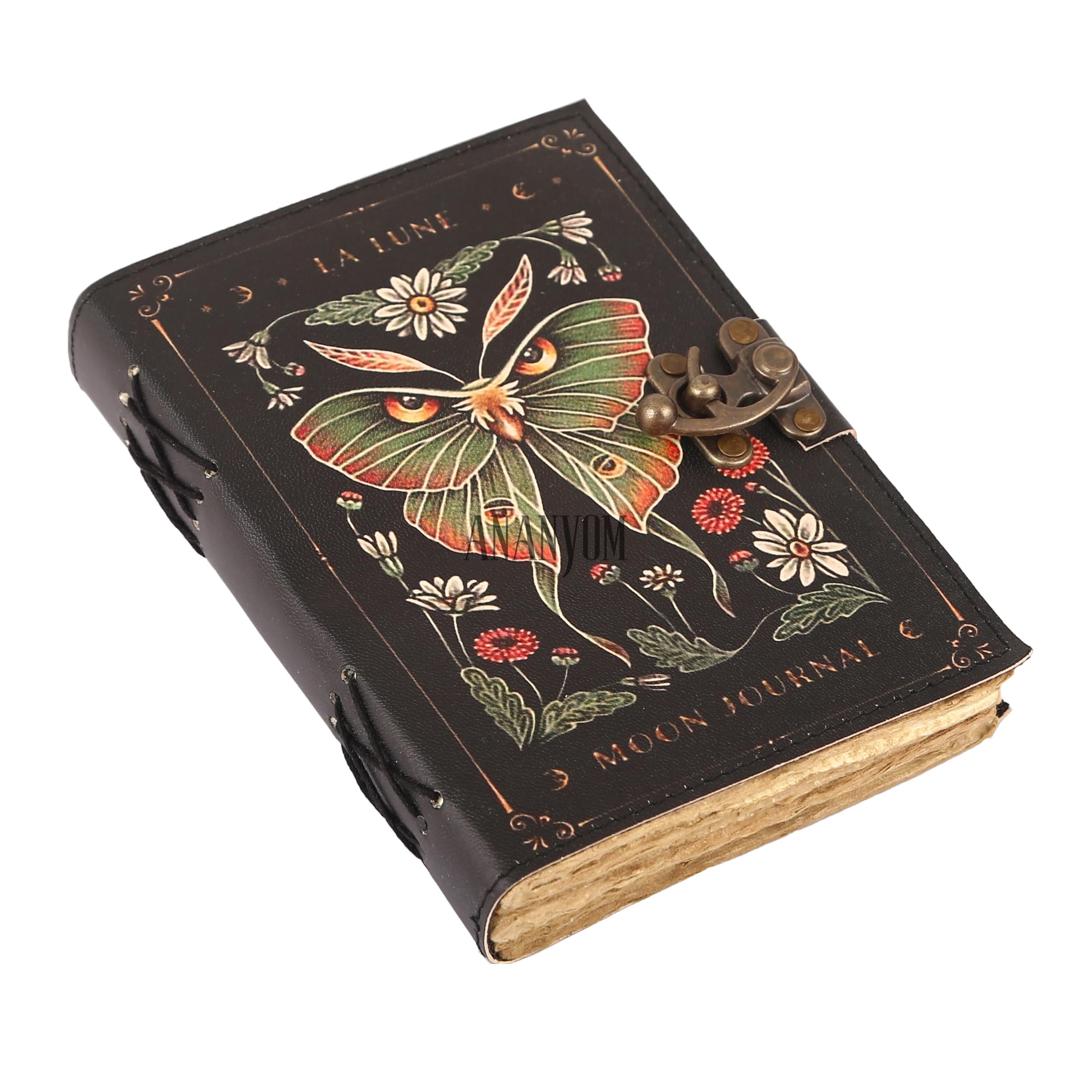 ANANYOM 7x5 Inch Leather Journal Notebook for Writing - Luna Moth and Morpho Butterfly – 200 Deckle Paper Vintage Leather Notebook Diary Sketchbook Unruled Journal Brass Clasp Lock, Black