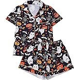 ITESLASZ Halloween Pajamas Set Women 2 Piece Short Sleeve Button Down Loungewear Pjs Shorts Pajama Set Sleepwear