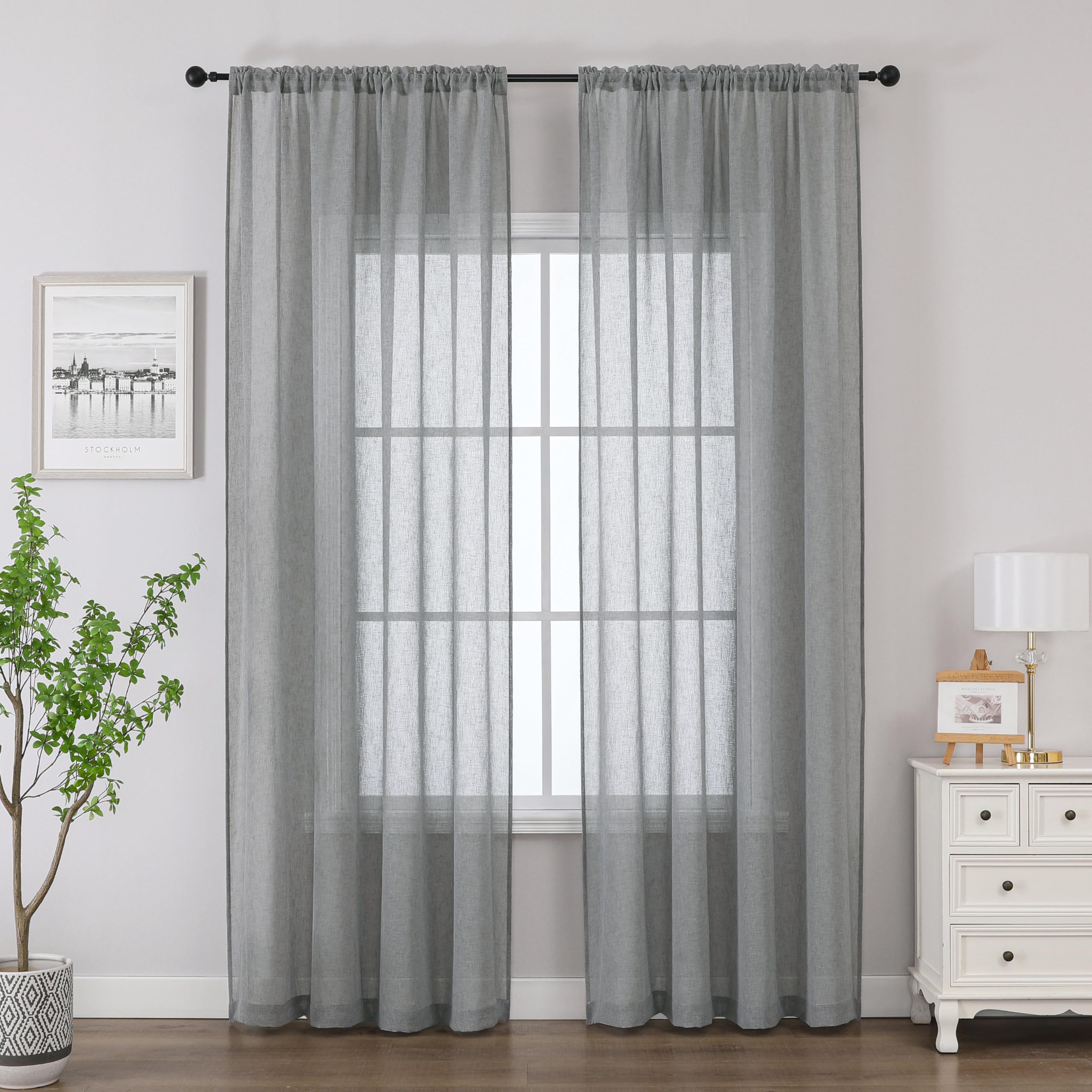 Bujasso Grey Linen Textured Semi Sheer Curtains 90 inch Length Elegant Vintage Window Drapes for Living Room Semi Transparent Light Filtering Curtains Set of 2 Panels Rod Pocket 55" Wx90 L,Gray