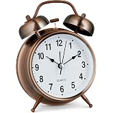 Bernhard Products Analog Alarm Clock Twin Bell Retro Copper Metal 4" Extra Loud Quartz Battery Operated with Backlight for Bedside Table Vintage Silent Non-Ticking Old fashioned Decorative Desk Clocks