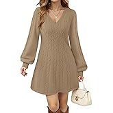 VAFOLY Womens V Neck Long Sleeve Cable Knit Fall Dresses Elegant Babydoll Sweater Dress