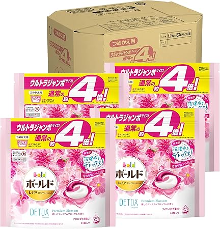 Amazon ケース販売 ボールド 洗濯洗剤 ジェルボール 洗濯水をデトックス 癒しのプレミアムブロッサム 詰め替え 63個 約4倍 X4袋 ボールド 液体洗剤