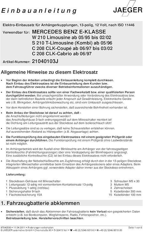 Jaeger 21040103 Elektrosatz Anhangevorrichtung Amazon De Auto