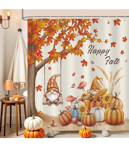 Mocsicka Fall Farmhouse Shower Curtain - Autumn Leaves & Pumpkin Print, Waterproof 71x71 Inch With 12 Hooks - View #7