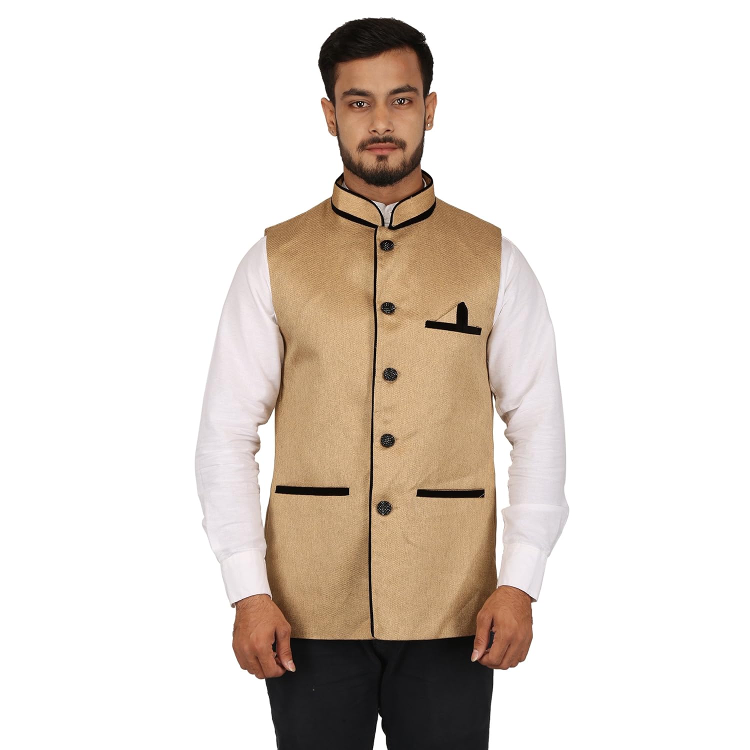 qalamkari men's jute modern fit modi/nehru jacket
