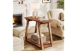 2-Tier Solid Wood End Table, Narrow Side Table, Farmhouse Nightstand for Living Room, Bedroom, Easy Assembly, Trapezoidal Bas