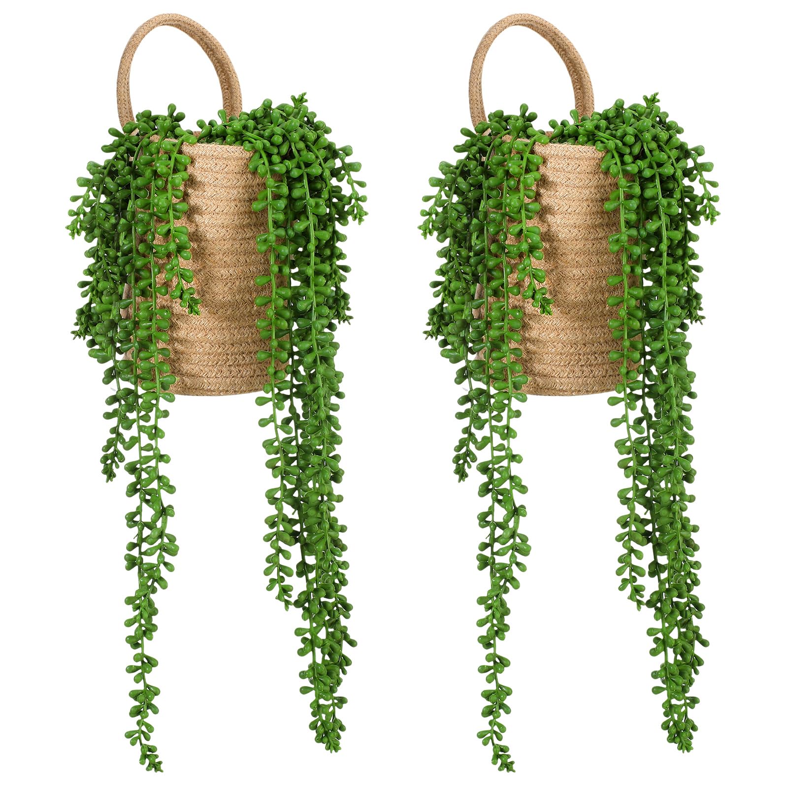 Photo 1 of Umigy 2 Pack Wall Hanging Rope Baskets with 4 Pcs Faux Strings of Pearls Plant Jute Hanging Basket with Artificial Succulents for Porch Living Room Bedroom Entryway Patio Outdoor Decoration