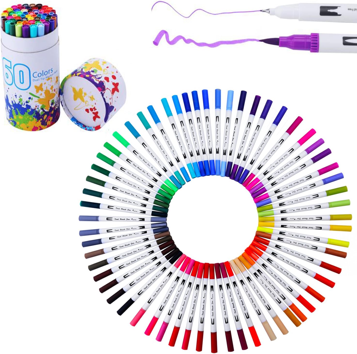 SALICO 60 colours Dual Brush Pen with Fineliner Tip 0.4mm,Fine Piont Dual Tip Sketch Mango Drawing Marker Pen Brush Available Color Watercolor Highlighters pen(Penholder-White)