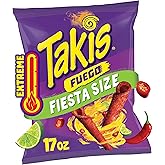 Takis Fuego Rolled Tortilla Chips, 17oz Bag | Extremely Spicy Hot Chili Pepper and Lime Flavor, Corn Snack Chips, Big Party Size for Sharing at Fiestas and Cook-Outs