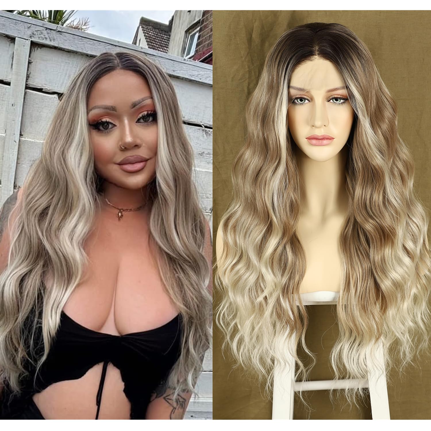 Sapphirewigs Ombre Blonde Lace Front Wig Synthetic Brown Body Wave Wigs for Women 13x3 Cosplay Party Daily Wear Halloween Heat Resistant 24 inch