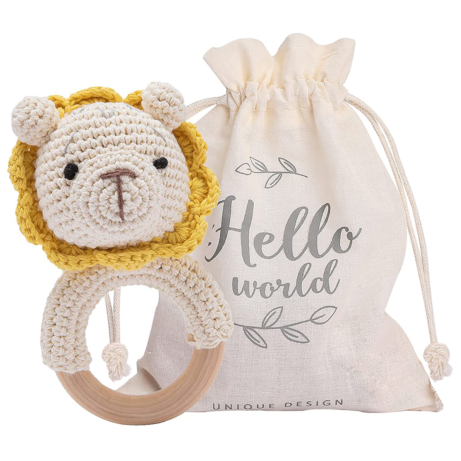 Youuys Wooden Baby Rattle Shaker Lovely Crochet Lion Ring Infant Developmental Hand Grip Baby Toys, Cute Crochet Animal with Sound for 3 6 9 12 Months and Newborn Gift, Yellow Lion, One-size