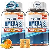 Vegan Omega 3 Gummies 1280mg + Vitamin D3 K2 (MK7), Omega 3 Fish Oil Alternative for Adults, w/Algae EPA 600mg & DHA 400mg, MCT Oil - No Fish Taste - for Brain, Eye, Immune Health, Sugar Free, 2 Pack