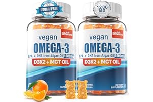 ENVYCURE Vegan Omega 3 Gummies 1280mg + Vitamin D3 K2 (MK7), Omega 3 Fish Oil Alternative for Adults, w/Algae EPA 600mg & DHA 400mg, MCT Oil - No Fish Taste - for Brain, Eye, Immune Health, Sugar Free, 2 Pack