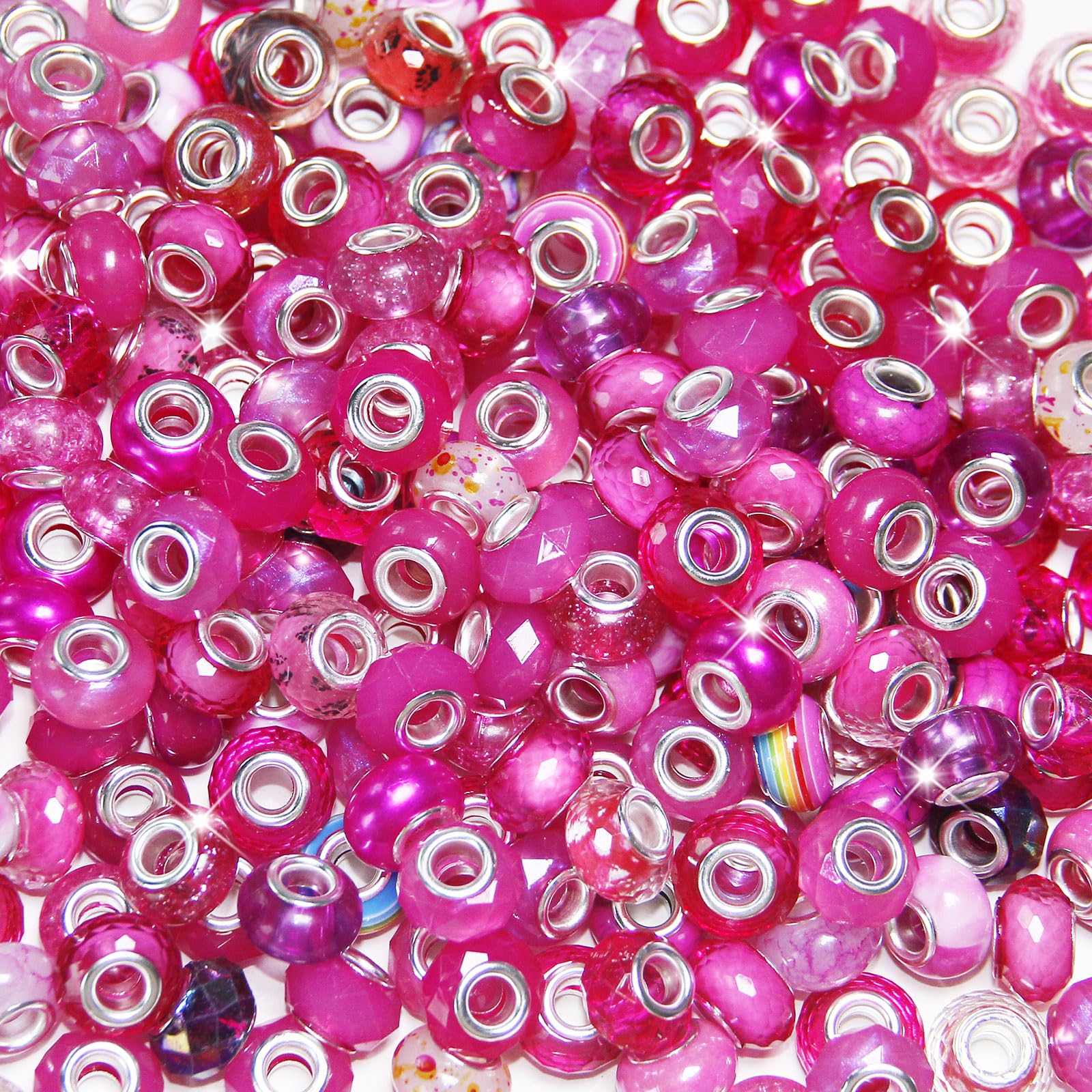 Photo 1 of 100 Pieces Large Hole Beads, Assorted European Craft Beads Pink Big Hole Fairy Wands Garden Bead Large Hole Lampwork Spacer Bead for DIY Pens Charms Bracelet Necklace Jewelry Making Supplies