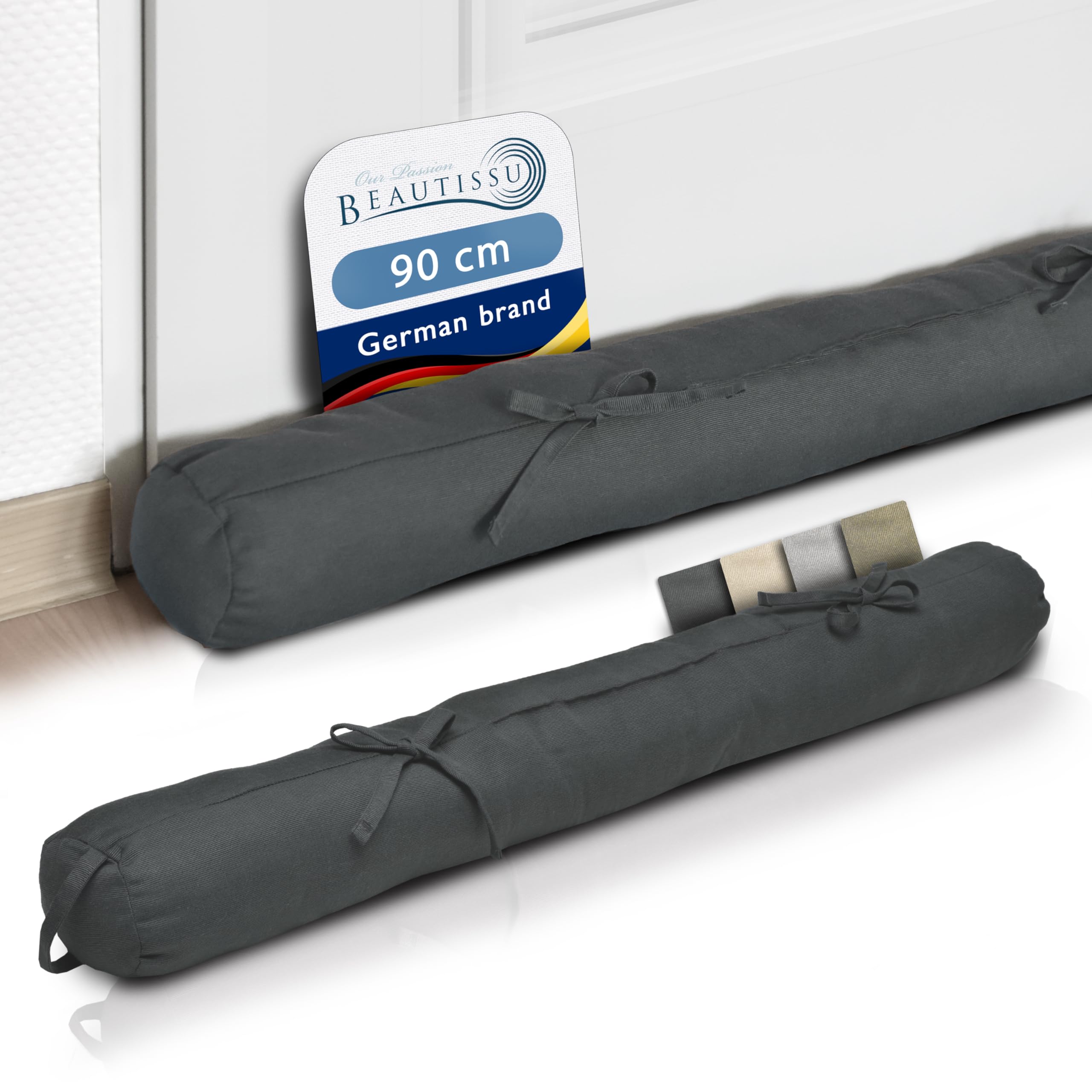 Beautissu Draught Excluder Viento 90 x 10 cm Draft Stopper Cushion for Doors / Windows with 2 Ribbons to Fix to Door - Anthracite