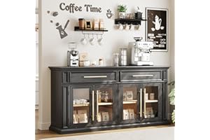 LGHM 63" Sideboard Buffet Cabinet with Drawers, Modern Kitchen Storage Cabinet with Adjustable Shelves and Magnetic Catch Doors, Wood Coffee Bar for Kitchen, Living Room, Black