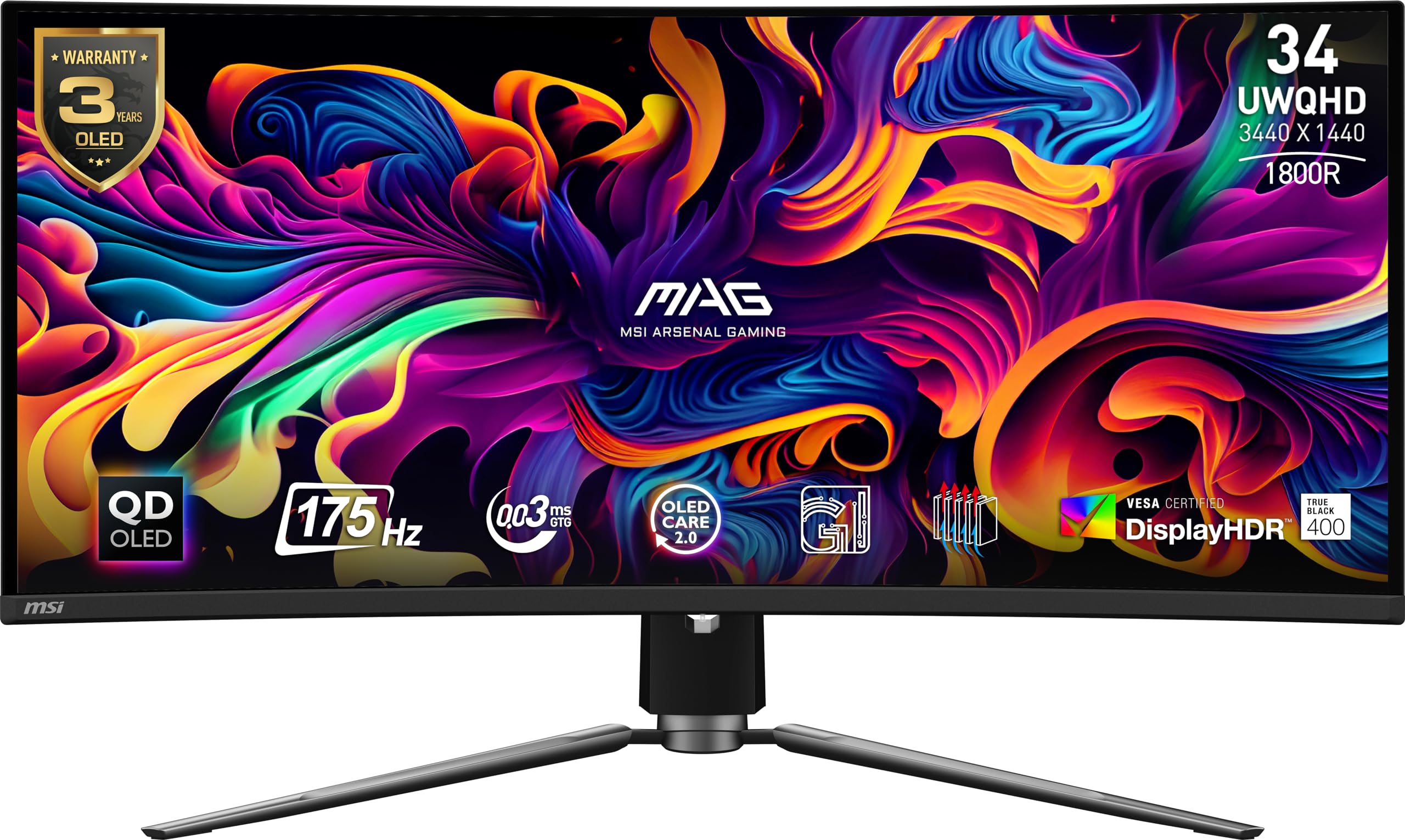 Photo 1 of ****AS IS ALL SALES FINAL NO RETURNS ***** MAG 341CQP QD-OLED, 34 Curved OLED Gaming Monitor, 3440 x 1440 (UWQHD), 0.03ms Response time, 175Hz, True Black HDR 400, HDMI, DP Port, USB Type C, Tilt, Height, Black