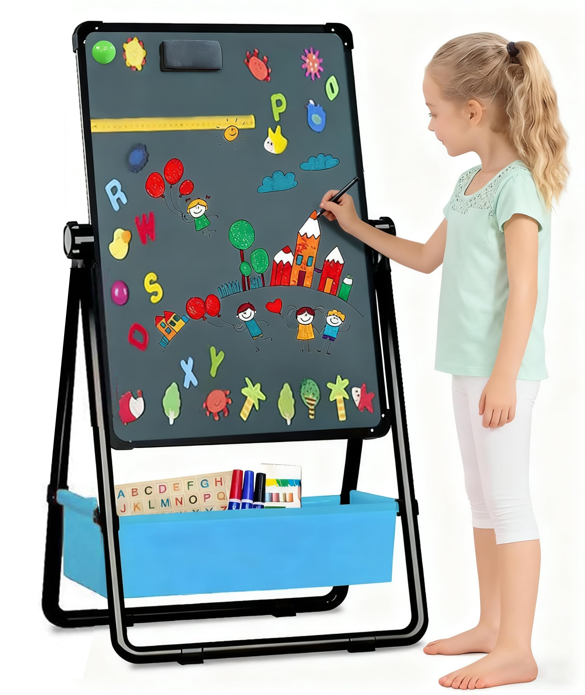Kids Art Easel Double-Sided Foldable Drawing Board 29.5-44in(74-112cm) Height Adjustable Standing Easel 360° Rotatable Whiteboard Chalkboard with Letters Numbers for Boys Girls Toddlers