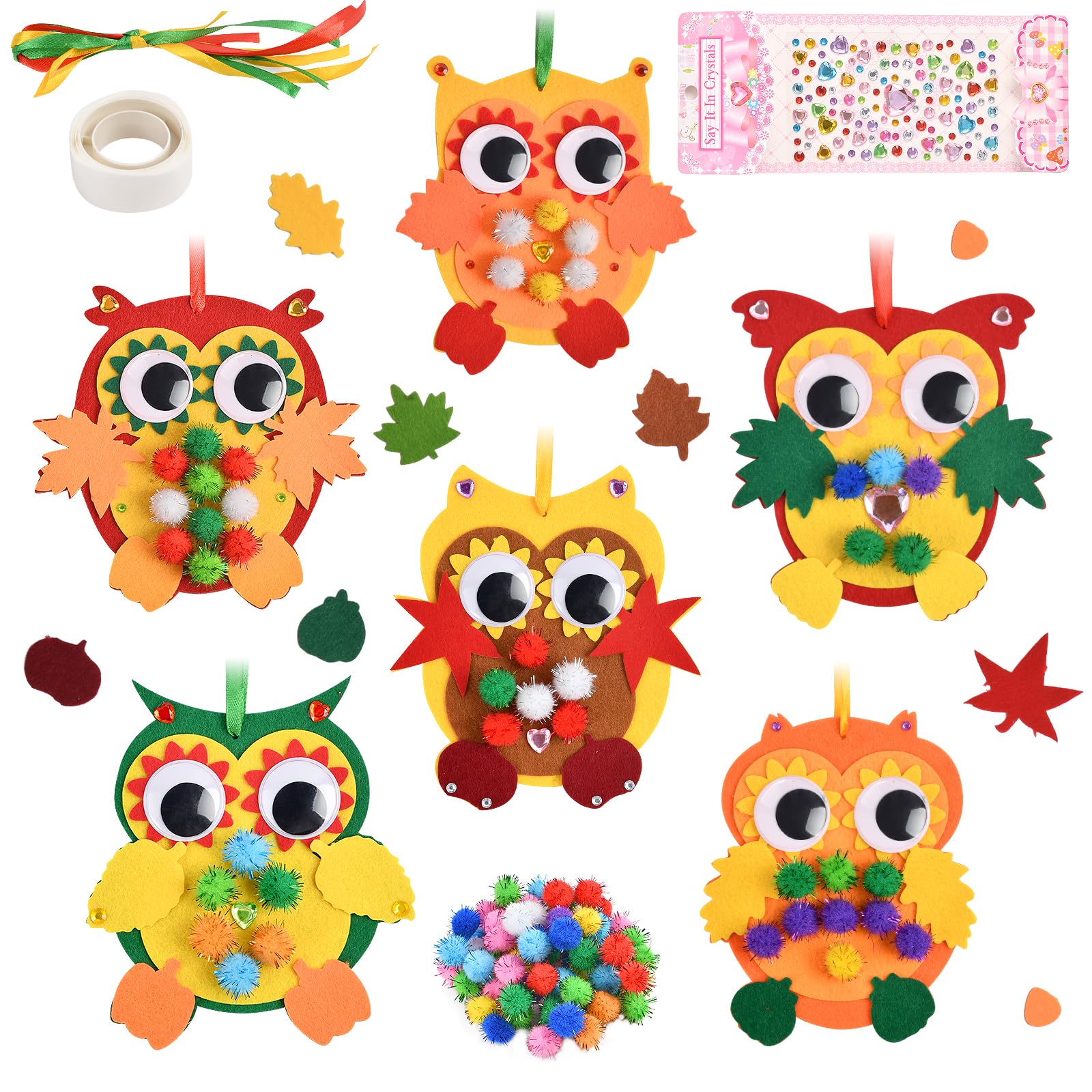 Ainiv 6PCS Owl Craft Set for Kids, Christmas DIY Creative Craft Kit with Maple Leaf Foam Stickers, DIY Peel & Stick Felt Craft Set for Children Craft Group Activities Fall Holiday Party Decorations