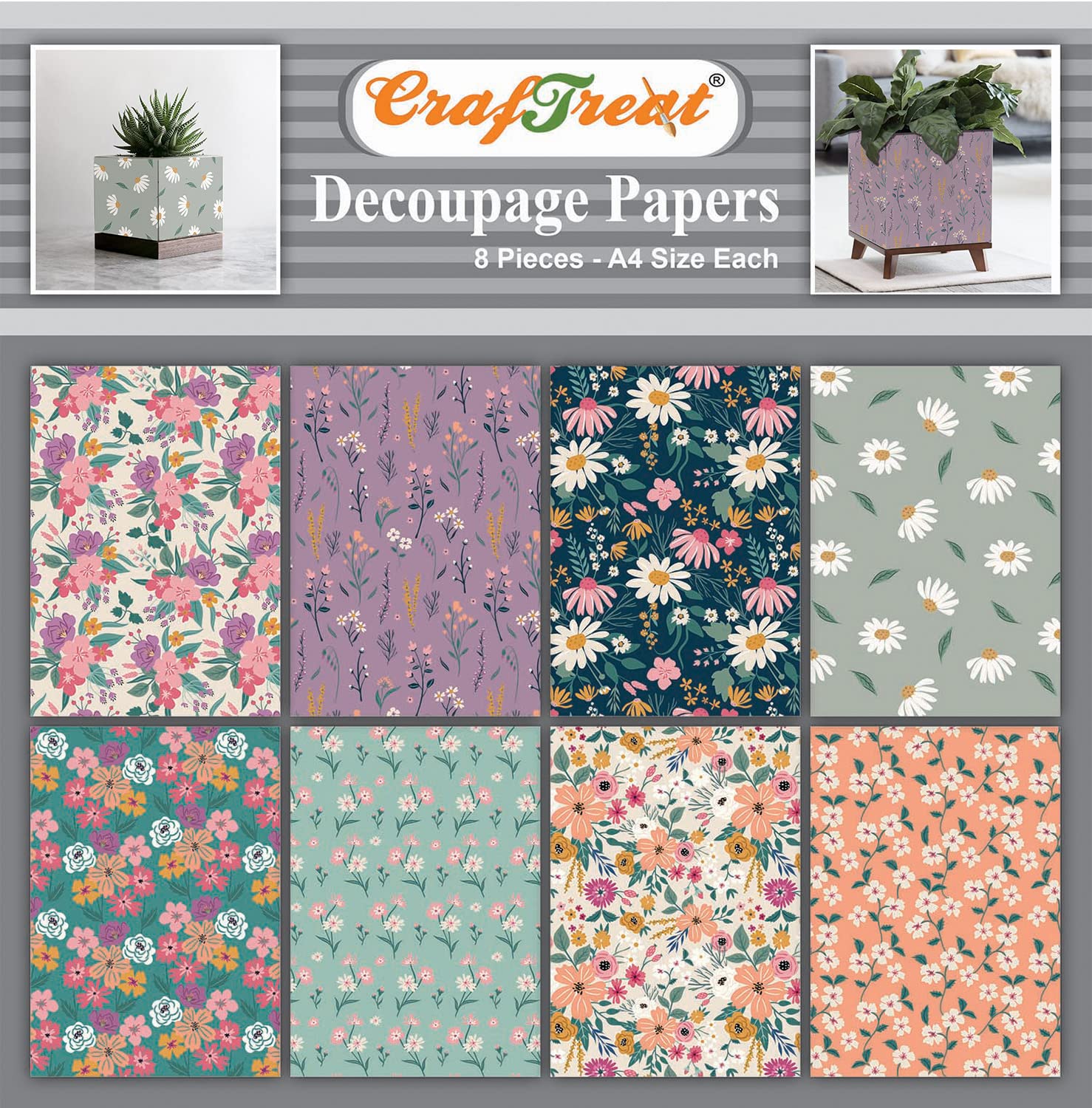 CrafTreat Reusable Floral Decoupage Paper - Fresh Florals 1 - Size: A4 (8.3 x 11.7 Inch) 8 Pcs - Decoupage Paper for Furniture, Scrapbooking
