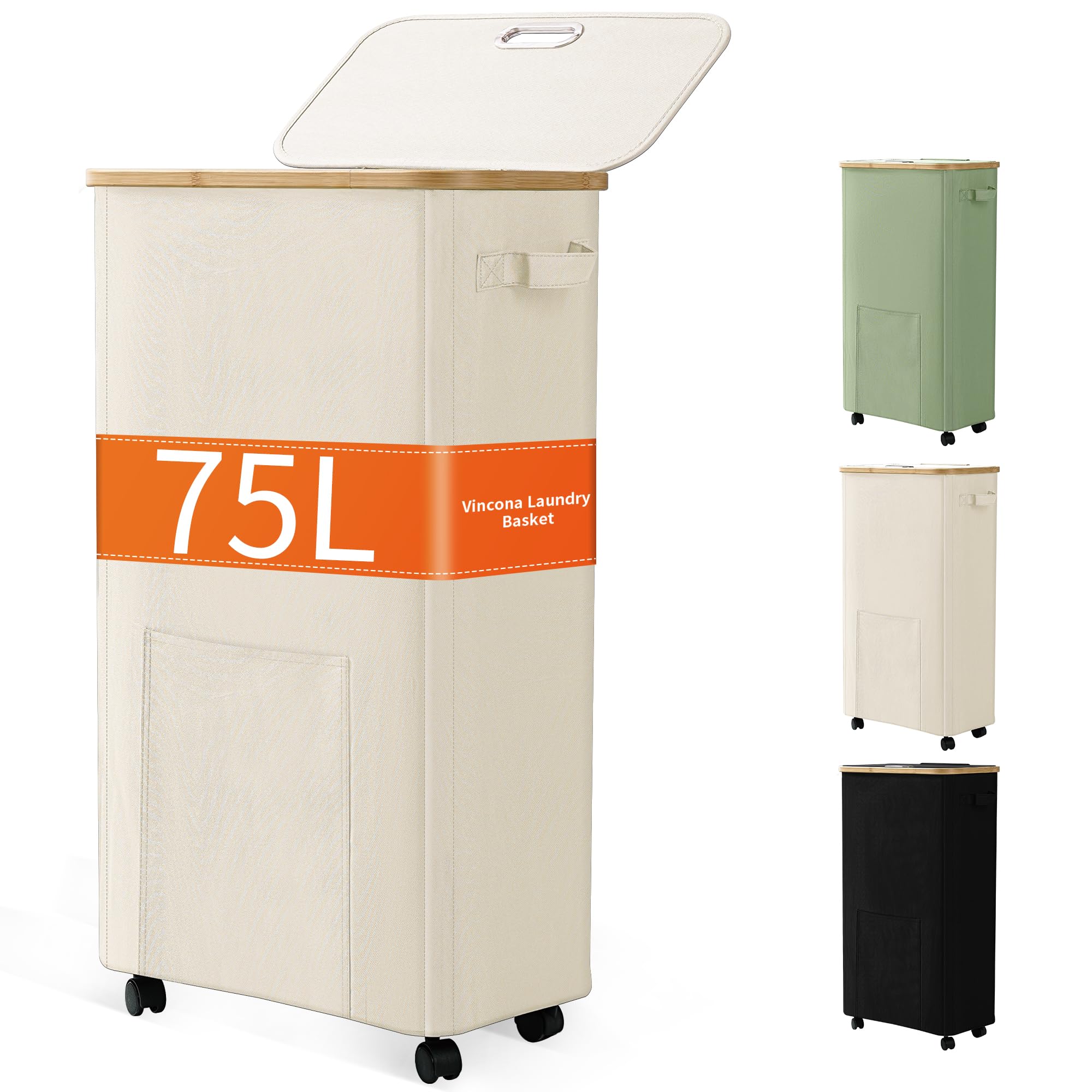 Photo 1 of Laundry Basket with Wheels, Dirty Clothes Hamper on Wheels, Rolling Tall Laundry Hamper with lid for Laundry Room, Dorm and Bathroom, 75L Beige