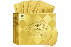 BREYLEE Under Eye Patches (30 Pairs), 24K Gold Eye Masks for Reducing Wrinkles and Fine Lines Under eye, Puffy Eyes and Dark Circles Treatments, Improve and Firm eye Skin, Pure Natural Extract