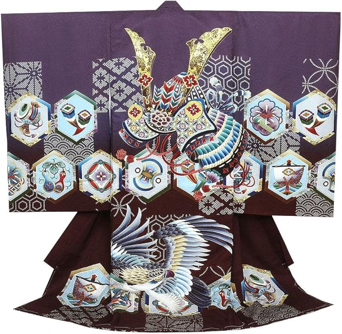 Amazon Co Jp キステ お宮参り 男の子 着物 正絹 紫 かぶと 鷹 初着 産着 新品 日本製 服 ファッション小物