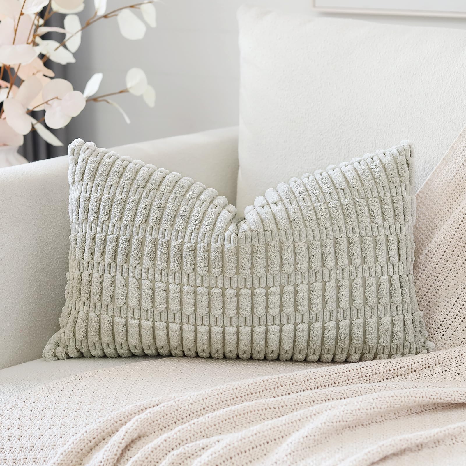 Photo 1 of OTOSTAR Corduroy Decorative Throw Pillow Covers 12x20 Inch Super Soft Boho Striped Rectangle Pillow Covers Case Modern Cushion Covers for Sofa Couch Bedroom Car Decor Light Grey