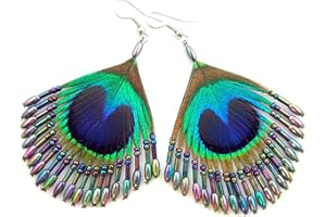 Hand Beaded 2.4 inch Iridescent Peacock Feather Rainbow Beads Dangle Drop Earrings Handmade Jewelry FA014
