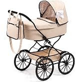 Bayer Design Vintage Doll Pram, Classic Baby Stroller with Bag, Beige | Elegant 18 Inch Carriage with Large Smooth-Rolling Wheels, Foldable Frame, Under-Basket, and Protective Fabric Cover