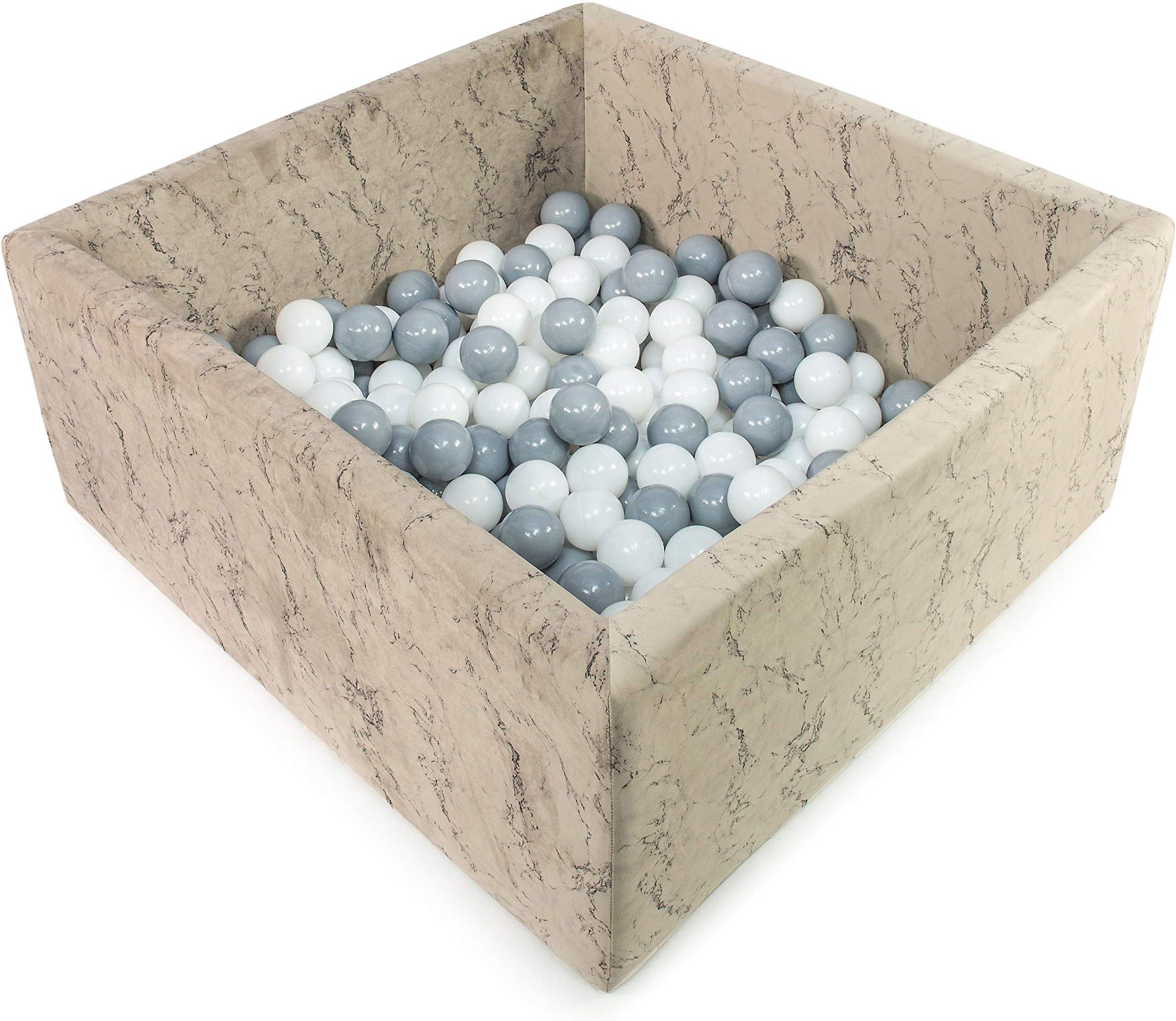 Tweepsy 90X40cm/250 Balls ∅ 7Cm / 2.75In Baby Foam Ball Pit Certified Made In EU - KWMA, Marble - Beige Pool: White, Black, Grey