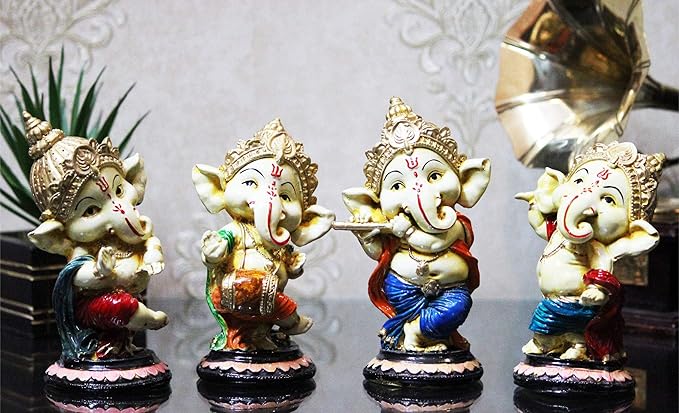 CraftJunction Handcrafted Colourfull Set of 4 Ganesha Idol Sculpture Showpiece Figurine(6 * 3 * 3 Inches) (Multi)