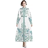 LAI MENG FIVE CATS Women Vintage Floral Print Button Up Casual Split A Line Flowy Maxi Belt Dress