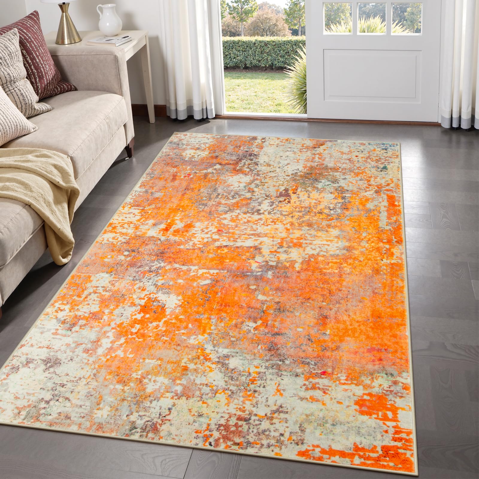 Photo 1 of Lahome Modern Abstract Area Rug - Soft 3x5 Rugs for Bedroom Washable Living Room Entryway Rug, Contemporary Non Slip Indoor Accent Carpet for Nursery Office Kitchen Bathroom, Orange/Yellow