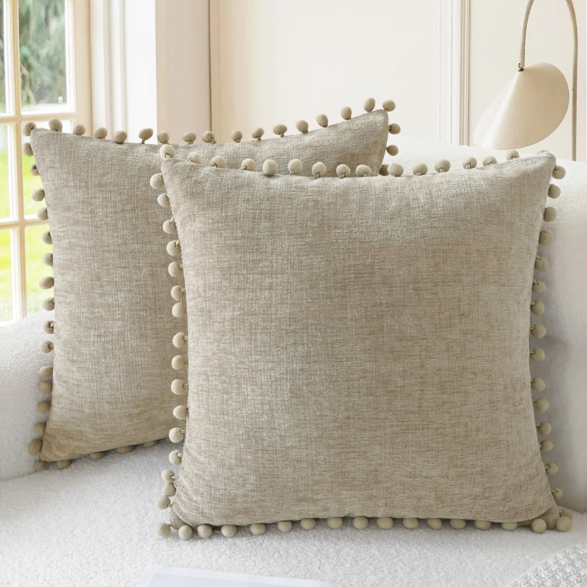 CaliTime Pillow Cases Pack of 2 Cozy Solid Dyed Soft Chenille Cushion Covers with Pom Poms for Couch Sofa Home Decoration 55cm x 55cm Taupe — image 1